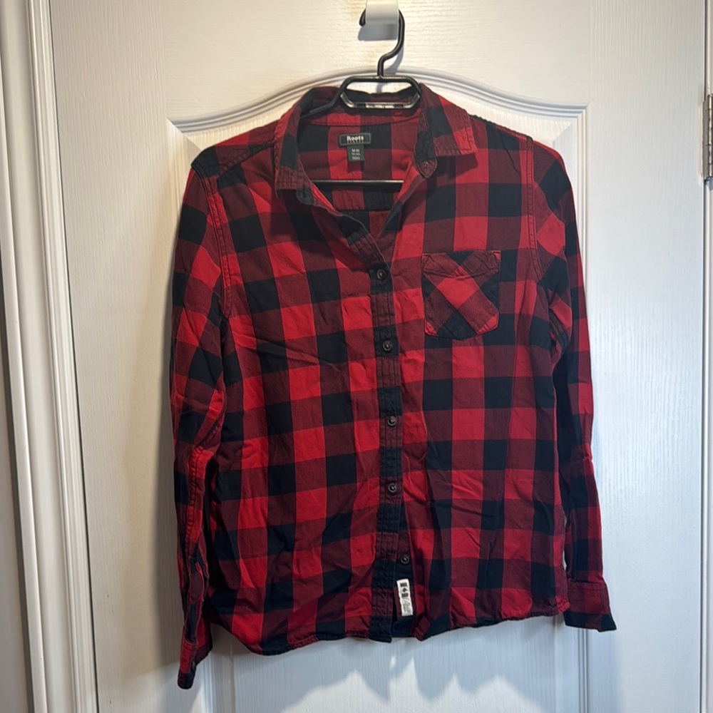 439-Roots Red & Black Buffalo Plaid Flannel Shirt 100% Cotton Button-Up